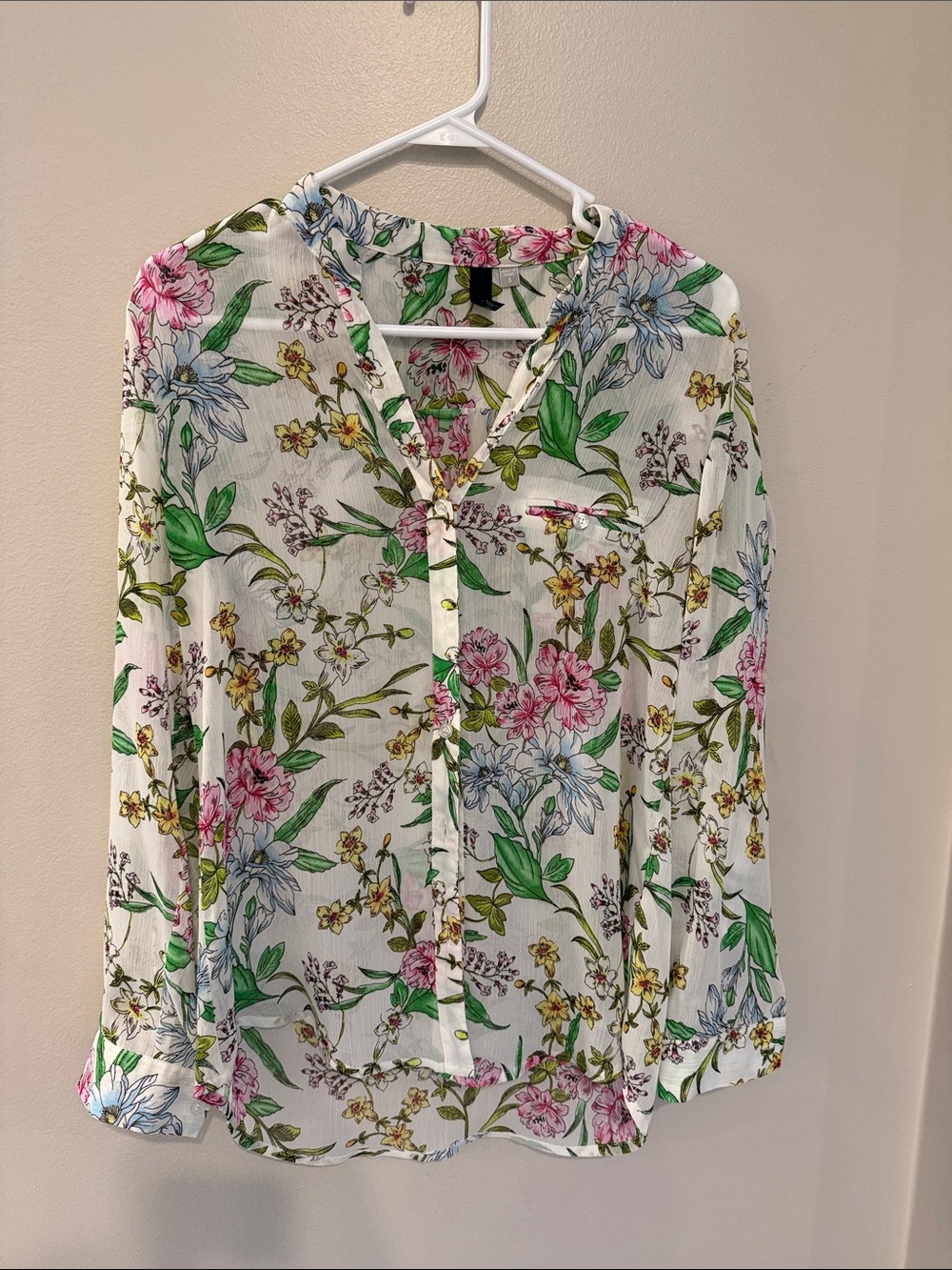 Kut from the Kloth White Floral V-Neck Button Blouse - Pink, Green, Blue